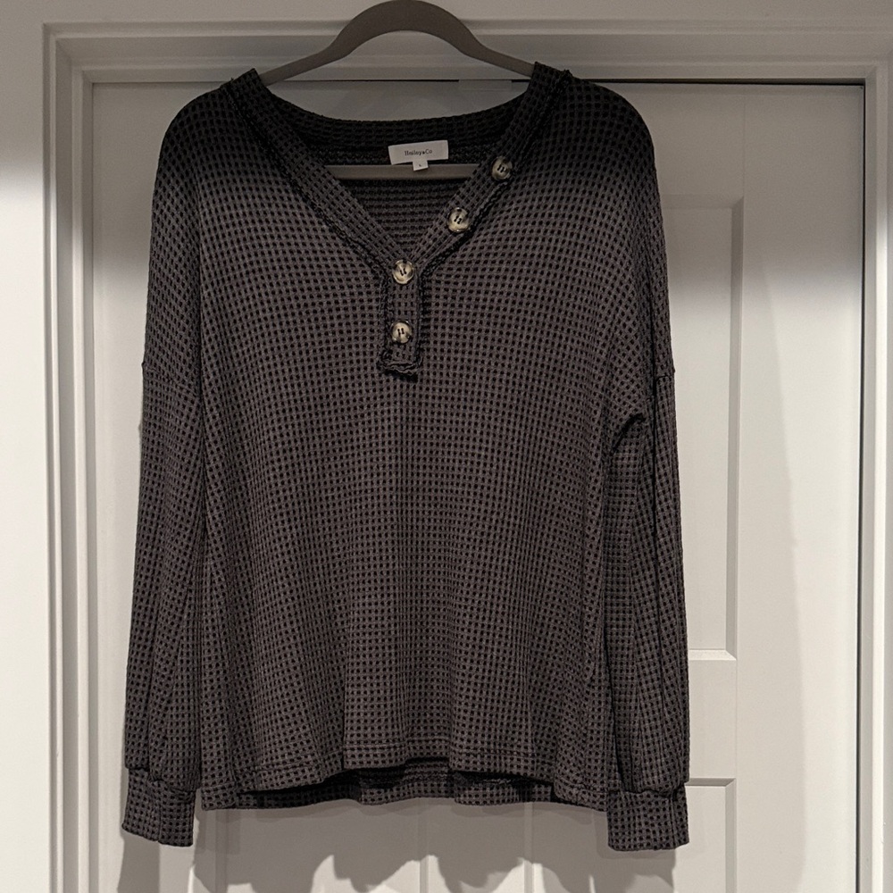 Women's Long Sleeve Waffle Knit Top - Black